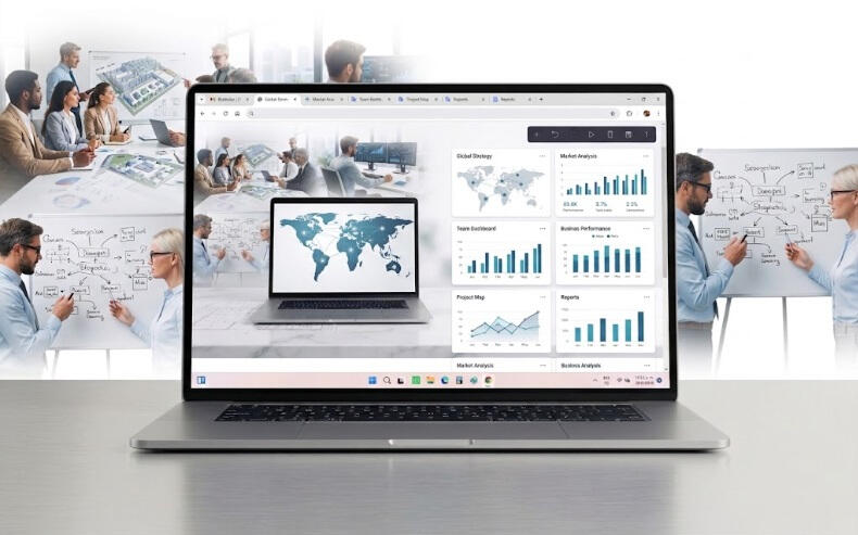 Plataforma Liliana Berlioz Consulting Computadora portátil en un escritorio mostrando el sitio web de Liliana Berlioz Consulting en la pantalla, flanqueada por profesionales revisando planos técnicos, tableros de datos y estrategias corporativas.