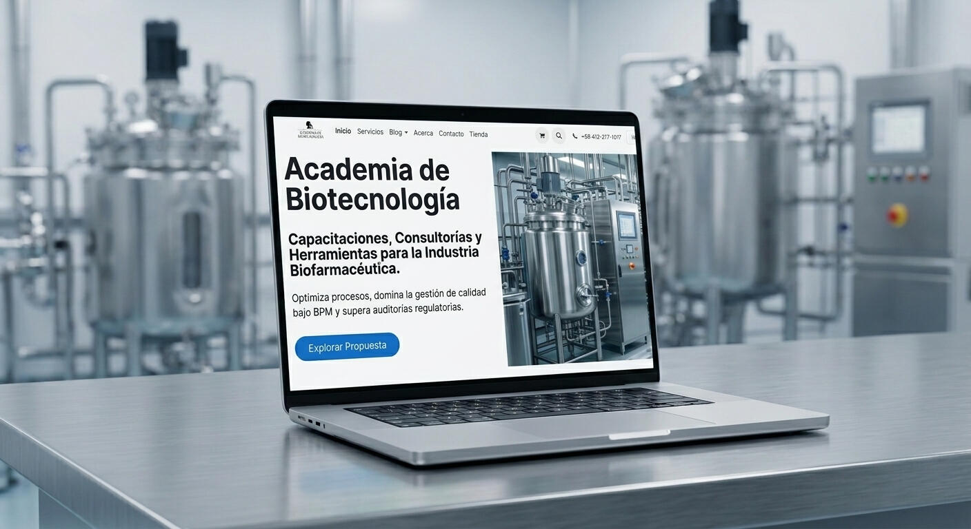 Academia de Biotecnología Laptop abierta mostrando la plataforma de cursos en línea de la Academia de Biotecnología.